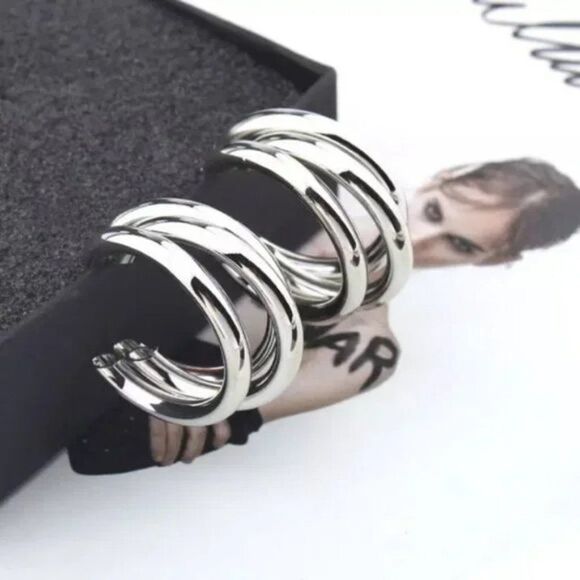 5/$25 Silver Color Triple Hoop Statement Earrings - Picture 4 of 8